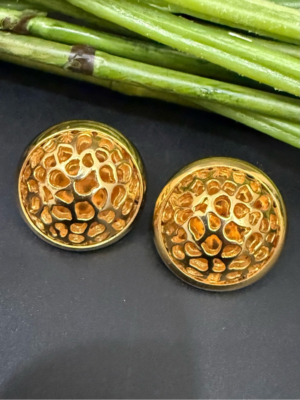 Vintage ROGET Gold-tone Honeycomb Dome Round Omega Clip Earrings